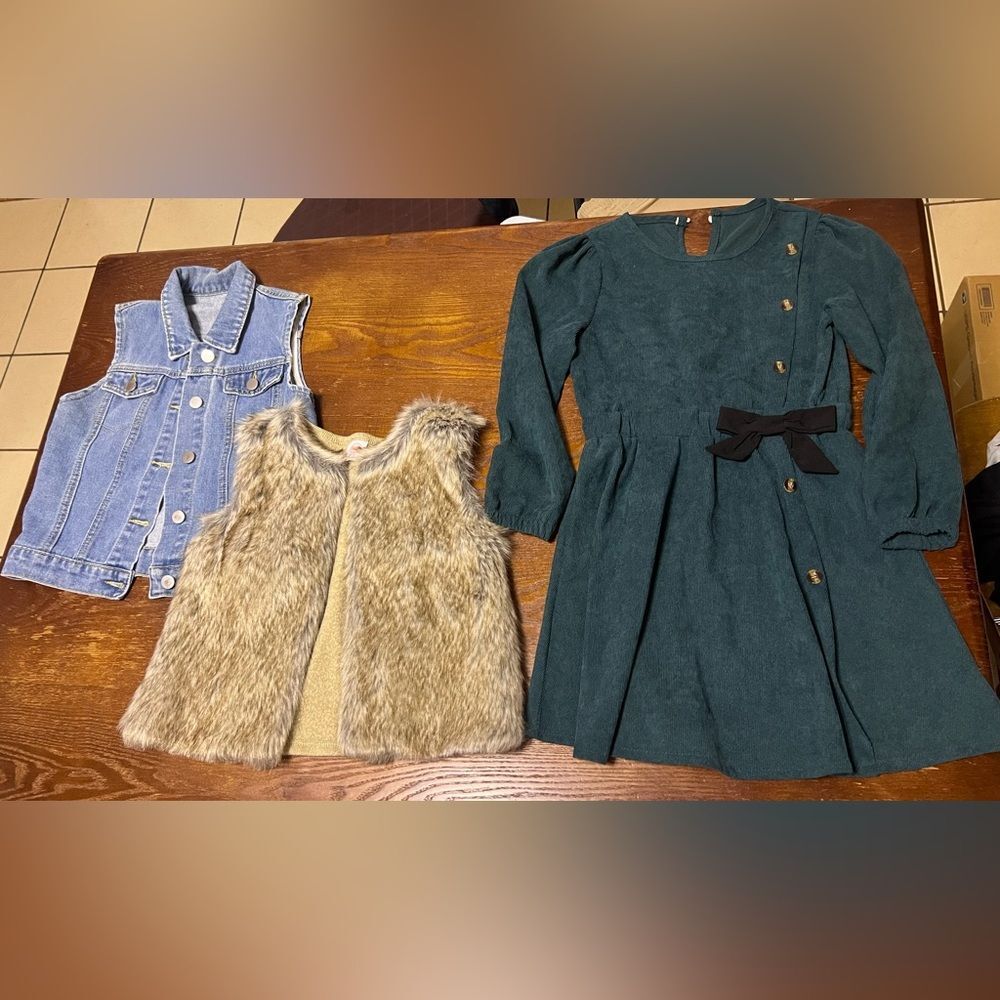 Bundle of Girls Vest Dress 7Y Warm Holiday Casual Outfits Green Tan Denim Blue